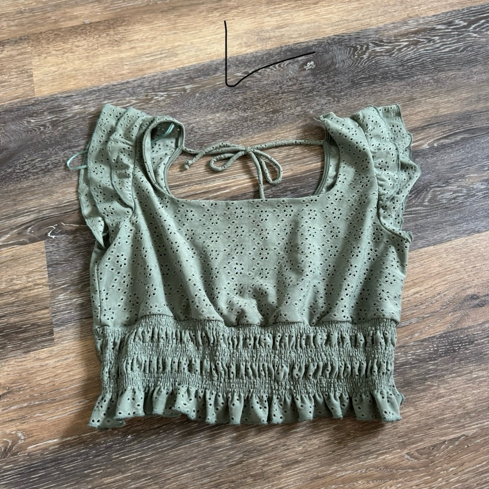 Green Eyelet Ruffle Crop Top